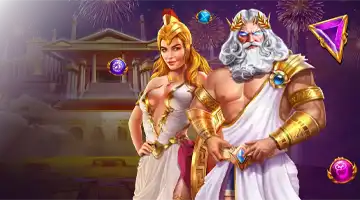 Image featuring two mythological figures, Zeus and Athena, promoting the AdmiralX Drops & Wins tournament with fireworks and ancient Greek architecture in the background.