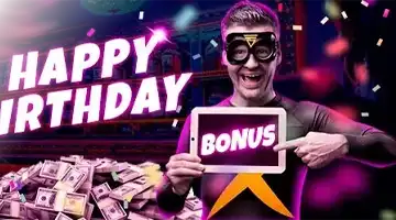 Image featuring a person in a superhero costume promoting the Admiral-X birthday bonus with a cheerful expression, holding a tablet that displays the word 