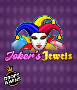 Experience the vibrant ambiance of the Joker's Jewels game by Pragmatic Play, showcasing a captivating joker's mask decorated with a multicolored jester hat. This image conveys the fun and excitement of casino gaming, set against a deep purple background. Ideal for fans of joker-themed slots, delivering a thrilling gaming experience. 